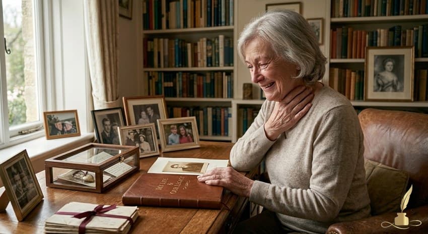 A grandmother smiling while looking at a beautifully written autobiography and family keepsakes on a table.