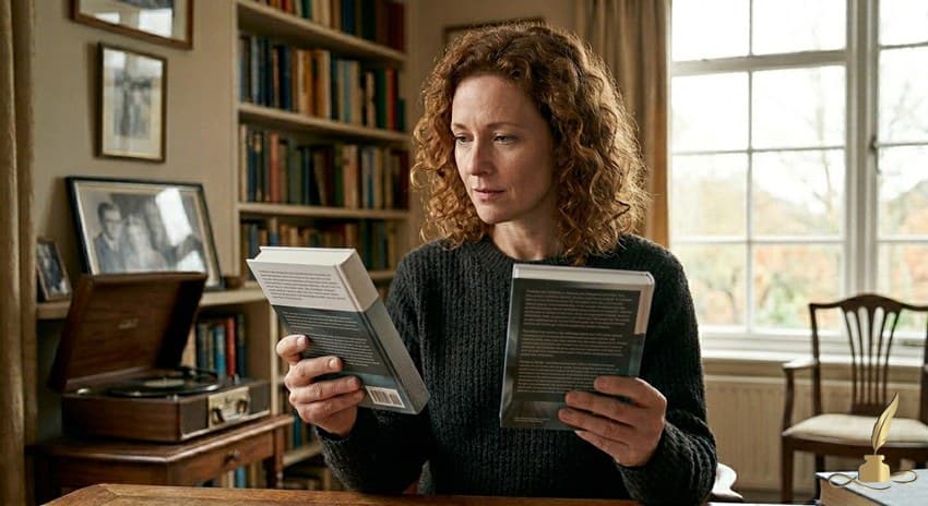 A person comparing memoir and biography services while reviewing family notes and a printed life story manuscript.