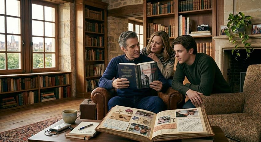 A family reflecting on a life story project while comparing a polished biography book and a memory keepsake format.