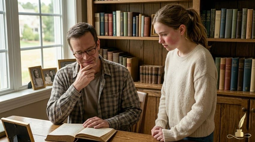 A teenage girl asking her dad some personal question
