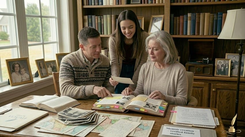 A family creating a memoir book from memories, photos, and stories.
