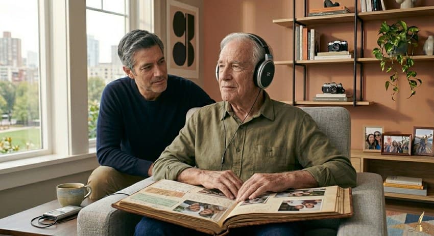 An older adult with early-stage Alzheimer’s listening to music and looking through a family memory book at home.