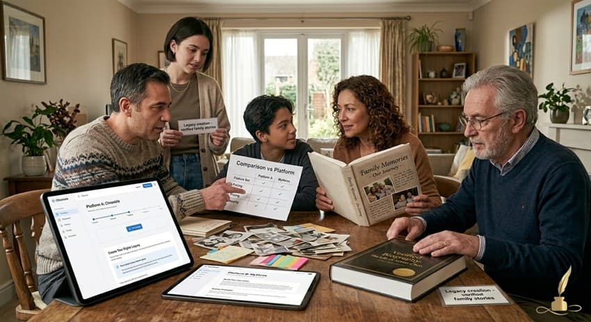 A family comparing two life-story platforms while deciding between a memory book and a polished biography.
