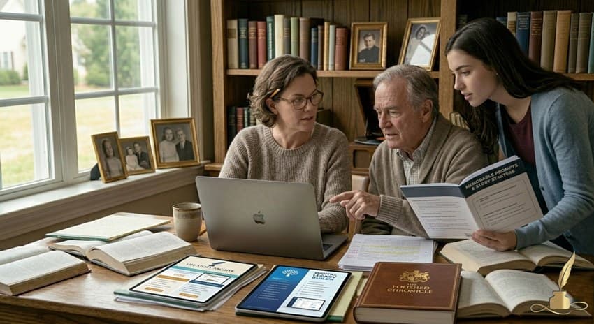 A family comparing two life story services while reviewing memory prompts and a polished biography manuscript.