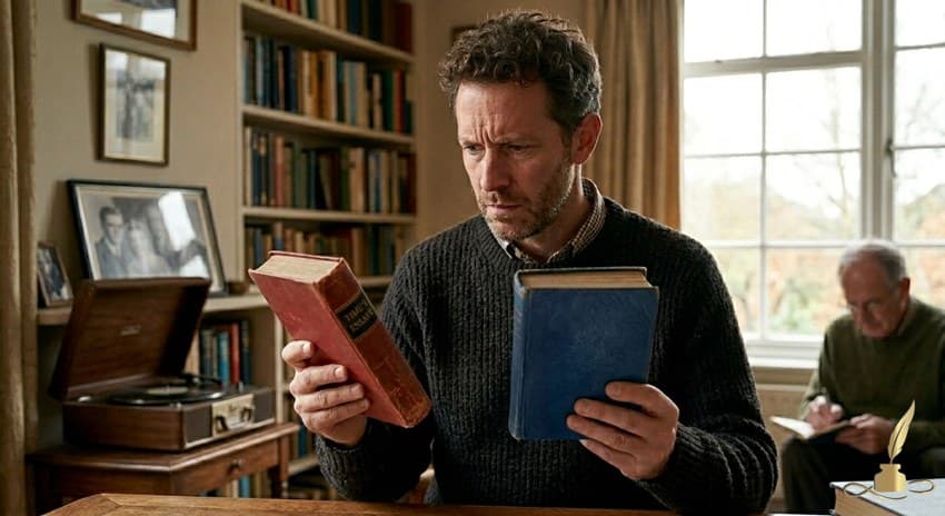 A person comparing two biography services while reflecting on family memories and notes.