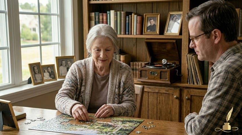 An older adult with early-stage dementia doing a gentle memory activity with a loved one at a calm table setting.
