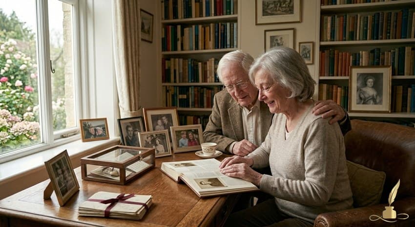 Grandparents looking at a beautifully written biography while surrounded by family keepsakes at home.