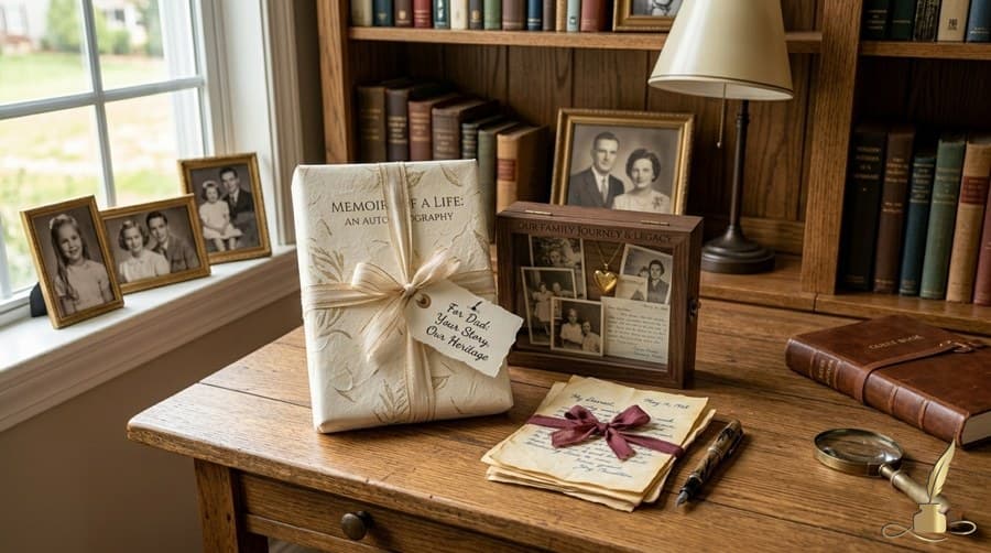 A thoughtfully wrapped autobiography gift beside a custom family keepsake and handwritten letters.