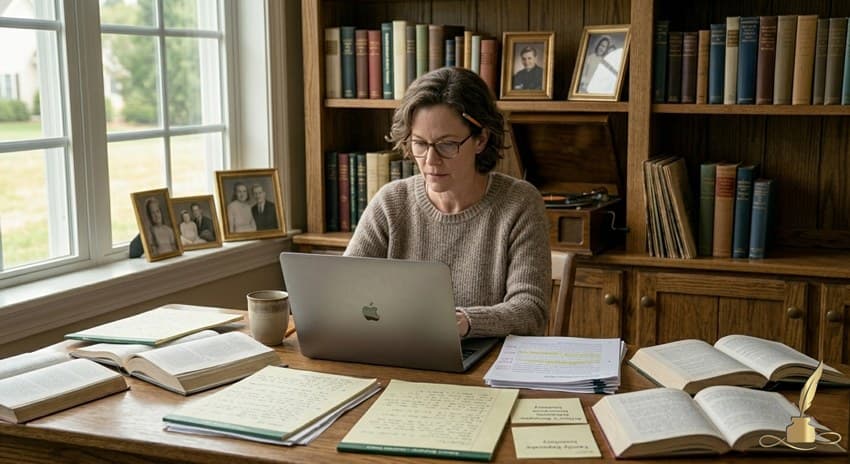 A writer editing a manuscript on a laptop beside notes from a biography project.