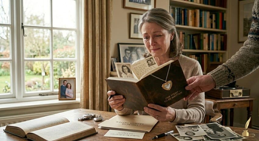 A mother receiving a thoughtful gift that preserves family memories and stories.
