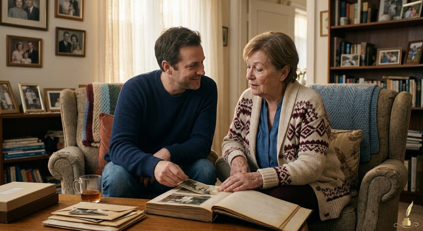 An adult child talking with an aging parent at home, capturing family memories in a warm and intimate setting.